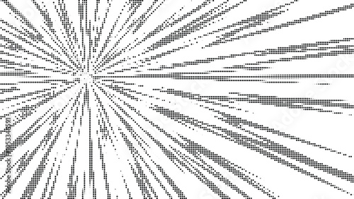 Radial abstract pattern of black halftone dots expanding from center on transparent background, geometric design, futuristic starburst, energetic motion