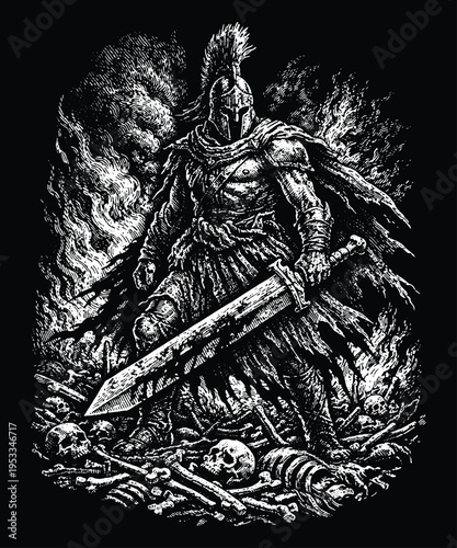 Ares God of War Standing on Battlefield, Greek Mythology Soldier Engraving Vector Illustration, Heroic Scratchboard Art for Fitness and T-shirt Design