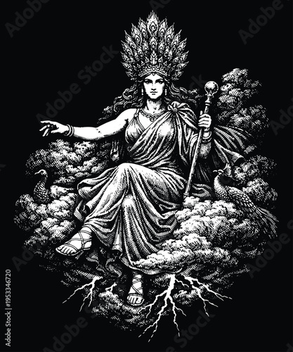 Queen Goddess Hera Sitting on Cloud Throne, Greek Mythology Matriarch Engraving Vector, Scratchboard Illustration for Divine Feminine Design