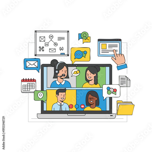 Diverse people in video conference call, surrounded by communication icons