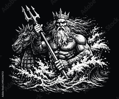 God Poseidon with Trident in Stormy Ocean, Greek Mythology Neptune Engraving Vector, Scratchboard Sea Monster and Wave Illustration