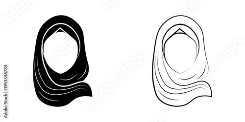 Muslim Woman Hijab Icon Set Black and Outline Islamic Female Avatar