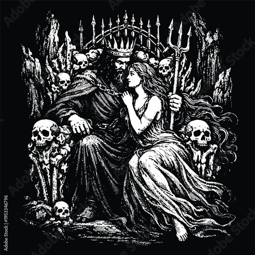 Hades God of Underworld with Persephone on Throne, Greek Mythology Engraving Vector, Dark Romanticism Scratchboard Illustration for Apparel