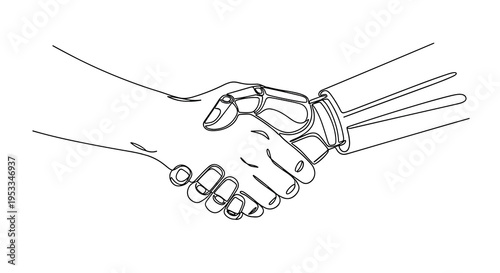 A human hand and a robotic hand are engaged in a handshake, both rendered in continuous black line art on a white background.