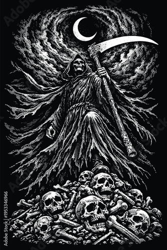 Grim Reaper Death with Scythe on Pile of Skulls, Dark Gothic Engraving Vector Illustration, Horror Scratchboard Art for Metal Band Merchandise