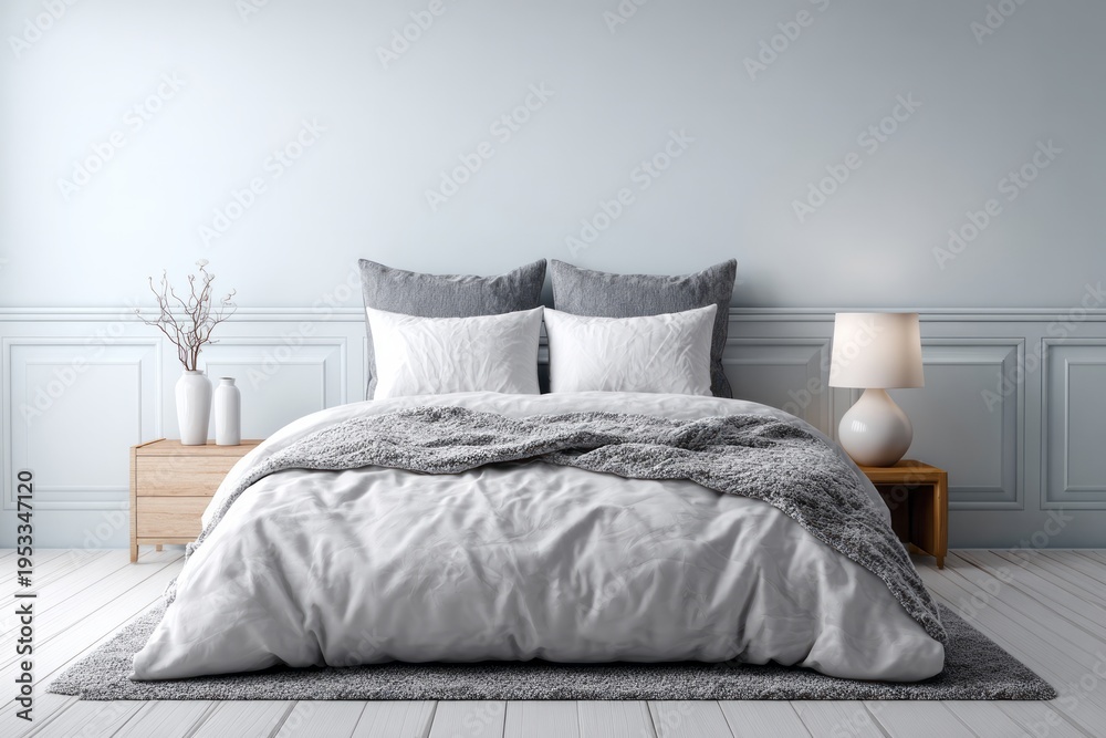 Obraz premium Minimalist bedroom with white bedding and a textured throw blanket.