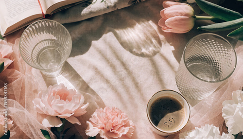 Soft light floral flat lay morning coffee glass cup tulip flower peony flower delicate fabric romantic still life feminine style pastel aesthetic Cozy soft light floral flat lay morning coffee