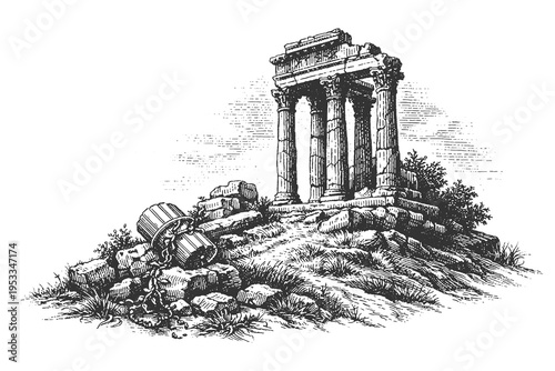 Historical Engraving Style Vector Illustration of Ancient Greek Temple Ruins on a Hill for Travel History and Archaeological Education Design
