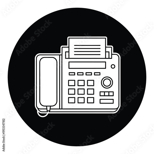 Fax machine with paper in slot on black circle background icon
