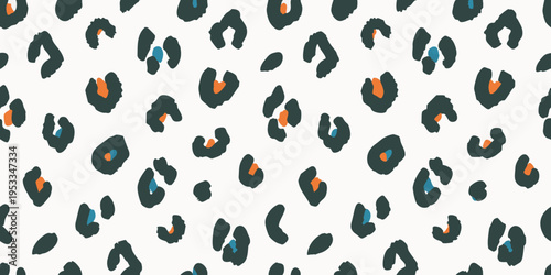 Abstract leopard print pattern with dark spots and orange accents