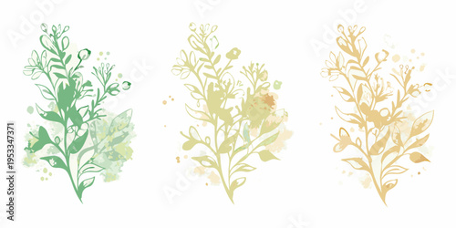 Watercolor floral arrangements in shades of green and yellow