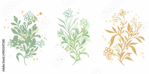 Three floral arrangements in watercolor style with varying color palettes