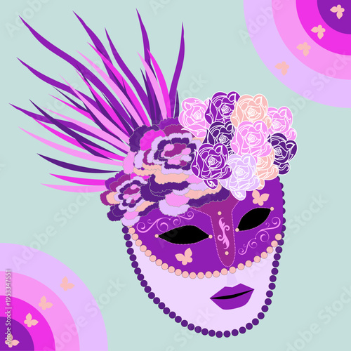 A decorative purple masquerade mask with feathers and flowers
