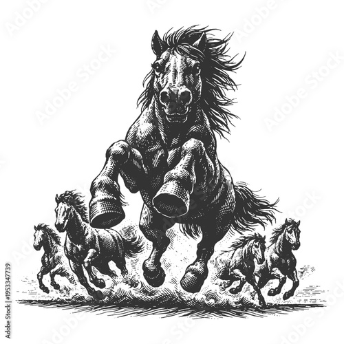 Dynamic Woodcut Style Vector Illustration of Wild Horses Running Freely with a Powerful Stallion in Front for Equestrian and Nature Design