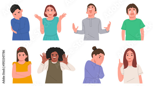 Flat vector illustration set of children expressing different emotions and reactions. Isolated on light background, perfect for UI, stickers, social media, education, and communication concepts.