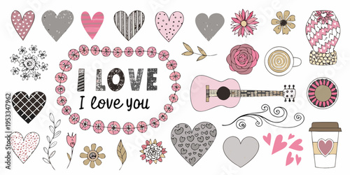 A collection of hand drawn love themed elements and romantic illustrations