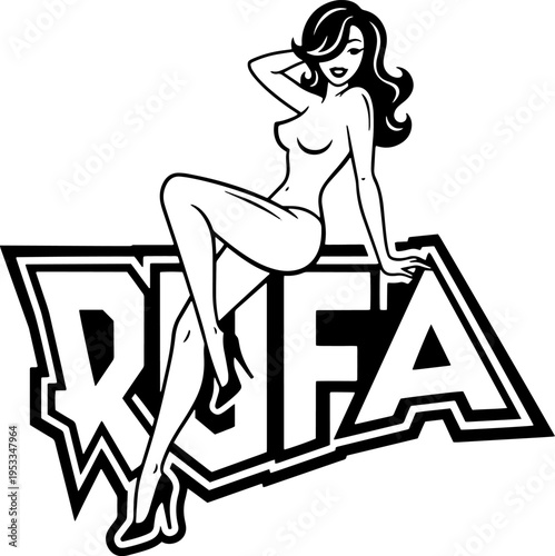 Pinup Girl Sitting on Lettering Graphic.