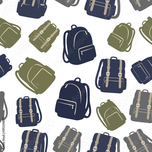 Seamless pattern of various styled backpacks in olive, navy, and charcoal colors