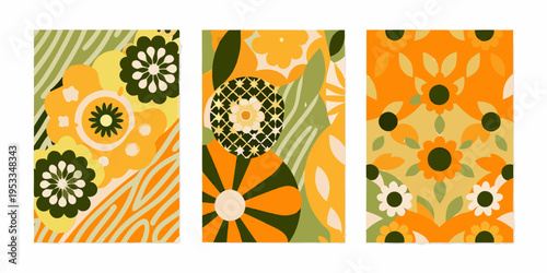 A triptych of retro floral patterns in warm autumnal hues