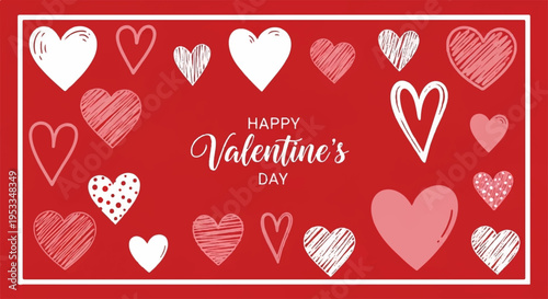 Valentine's day greeting card with red and white hearts on red background