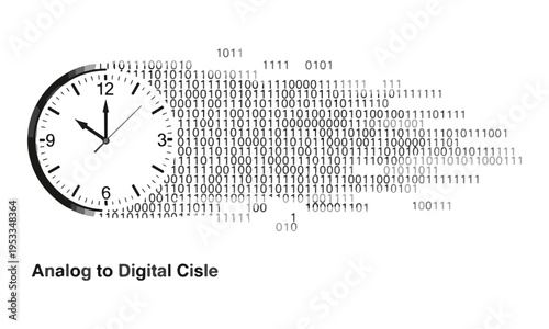 Konstfotografi Analog Clock Turning into Digital Binary Code Vector Graphic with 'Analog to Dig
