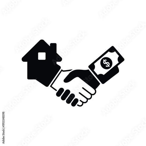 A stylized black icon depicting a handshake with money and a house