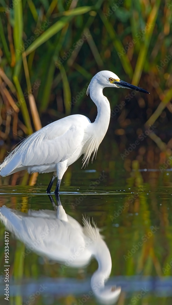 Naklejka premium A white bird stands in shallow water with reflection