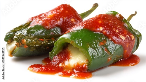 Appetizing Chiles Rellenos with Tomato Sauce, Mexican Food, Culinary Presentation, Close-up View