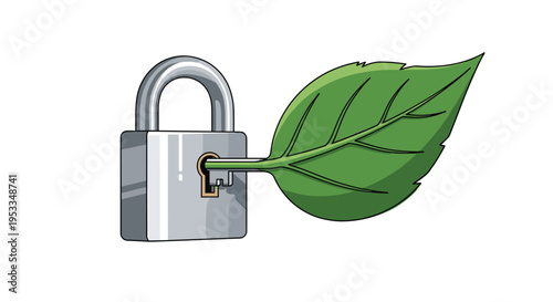 A metallic silver padlock with a dark grey shackle is unlocked by a vibrant green leaf acting as a key on a light green background.