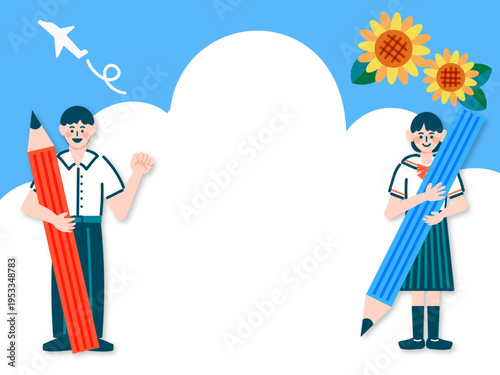 大きな鉛筆を持つ制服姿の学生と青空の背景フレーム・夏期講習のイメージ