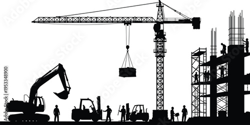 Black silhouette of construction site featuring heavy machinery like crane and excavator with industrial workers building a large structure, vector