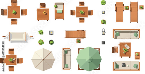 Outdoor cafe furniture top view vector set with tables, chairs, umbrellas and terrace layout, restaurant seating illustration