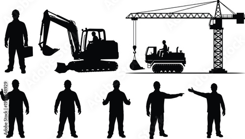 Black silhouette set of construction workers in various poses with heavy machinery like excavators and cranes for industrial building projects