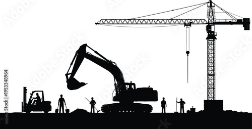 Construction site silhouette with heavy machinery crane excavator forklift and workers cad drawing flat vector illustration for industrial building project