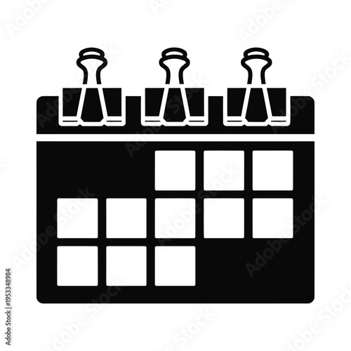 Simple black and white calendar icon with push pins on top  office organization tool icon