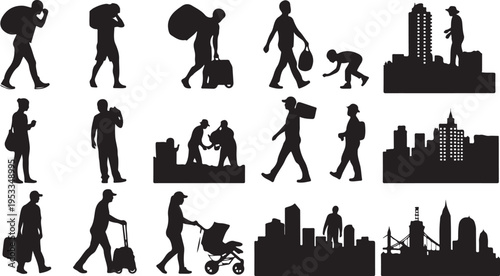Set of 20 city life silhouettes vector isolated on Transparent Background