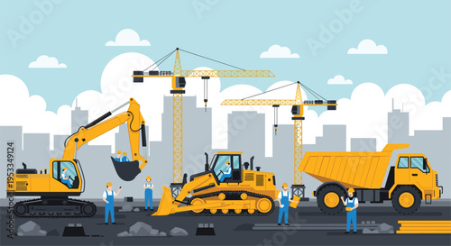 Construction site with heavy machinery yellow excavator bulldozer crane and truck in city cad drawing flat vector illustration industrial building