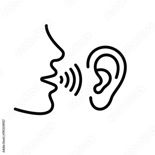 A black and white line drawing depicting a person speaking to another s ear