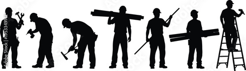 Construction workers silhouette set with tools building materials and ladder for manual labor cad drawing flat vector illustration industrial site