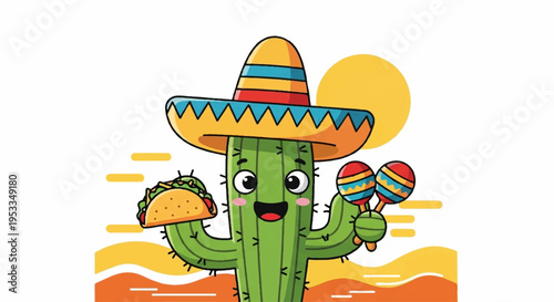 Smiling cactus in sombrero holding taco and maracas at sunset with desert background