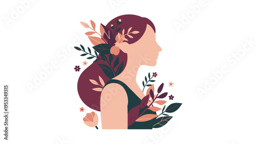 Artistic profile of a woman with floral and leaf elements