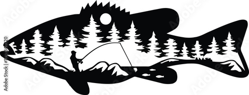 Silhouette of a bass fish filled with a forest landscape and a fisherman casting a line representing outdoor recreation and nature