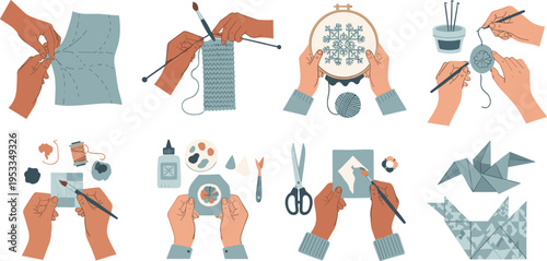DIY crafts vector set with knitting, embroidery, sewing, painting and origami, handmade hobby illustration collection