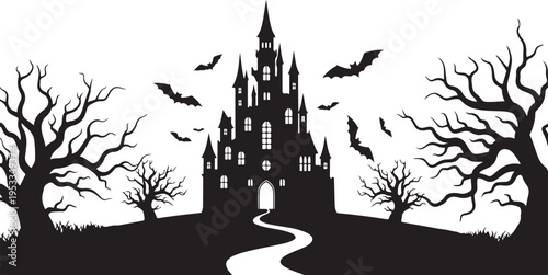 Halloween castle vector silhouette with trees and bats isolated on Transparent Background