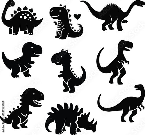 Collection of cute dinosaur silhouettes simple cartoon style vector illustrations for kids design isolated on white background