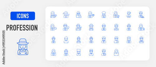 Profession icon. Hairdresser, Singer, Teacher, Lawyer, Chef , Artist, Gamer, Driver, Doctor, Detective, Farmer, Gardener, Photographer, Police, Archeologist, Reporter , Engineer, Boy, Builder vector. 