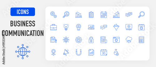 Business Communication icon. Management, Search, Statistics, Test, Calendar, Growth, Talk, Magnifier, Suitcase, Idea, Place, Laptop, Comments, Funnel, Video Player, Contract, Network vector. 