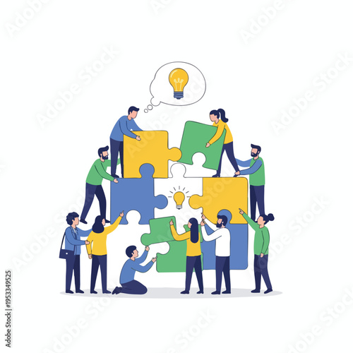 People assembling a large, multi-colored jigsaw puzzle to reveal a bright idea