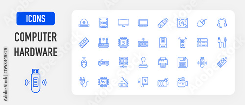 Computer hardware icon. Disc Drive, Ssd, Monitor, Laptop, Usb Stick, Hard Drive, Mouse Mouse, Ram,  Headphone, Wireless Router, Cpu, Wireless Keyboard, Uninterrupted Power Supply vector. 