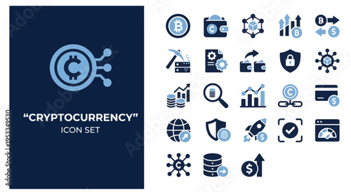 Cryptocurrency icon set collection with blockchain symbols and digital finance elements on dark blue gradient background